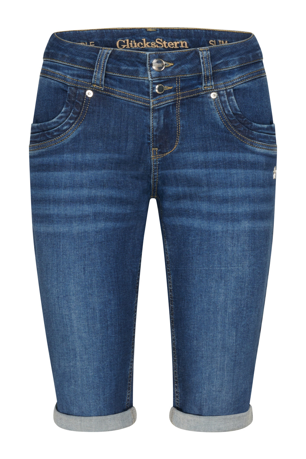 Merle Slim Fit Bermuda – Maronenblau & Soft Denim, mittlere Leibhöhe