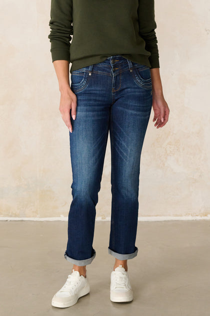 Merle Straight Leg Jeans - Rheinblau & Stretch-Denim, mittlere Leibhöhe