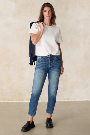 Serena – High-Waisted Cadet Blue Boyfriend Jeans