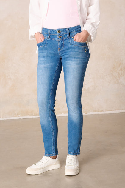 Merle Slim Fit Jeans – Opalblau & Soft Denim, mittlere Leibhöhe