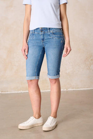 Merle Slim Fit Bermuda – Holunderblau & Leichter Denim, mittlere Leibhöhe