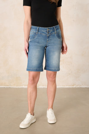 Merle Straight Leg Bermuda - Hennablauer & Leichter Denim, mittlere Leibhöhe