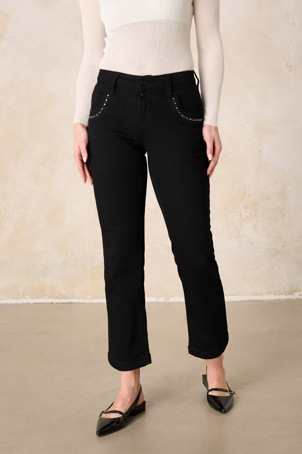 Merle – Straight Leg Jeans in Glitzerschwarz mit mittlerer Leibhöhe