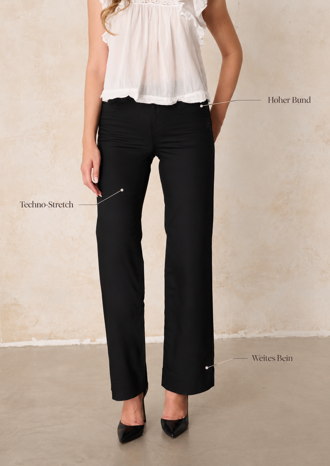 Clara Wide Leg Hose – Glasurschwarz & Techno Stretch, hohe Leibhöhe